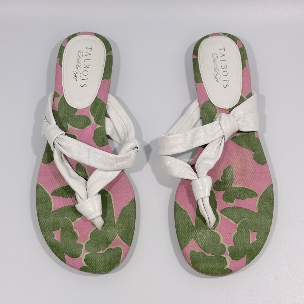 Talbots White Pink Green Butterfly Print Thong Sandals 8 Preppy Resort Cruise
